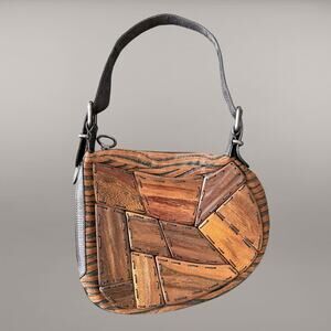 FENDI Wood Patchwork Tiger Print Oyster Shoulder Bag Hobo Y2K Lizard